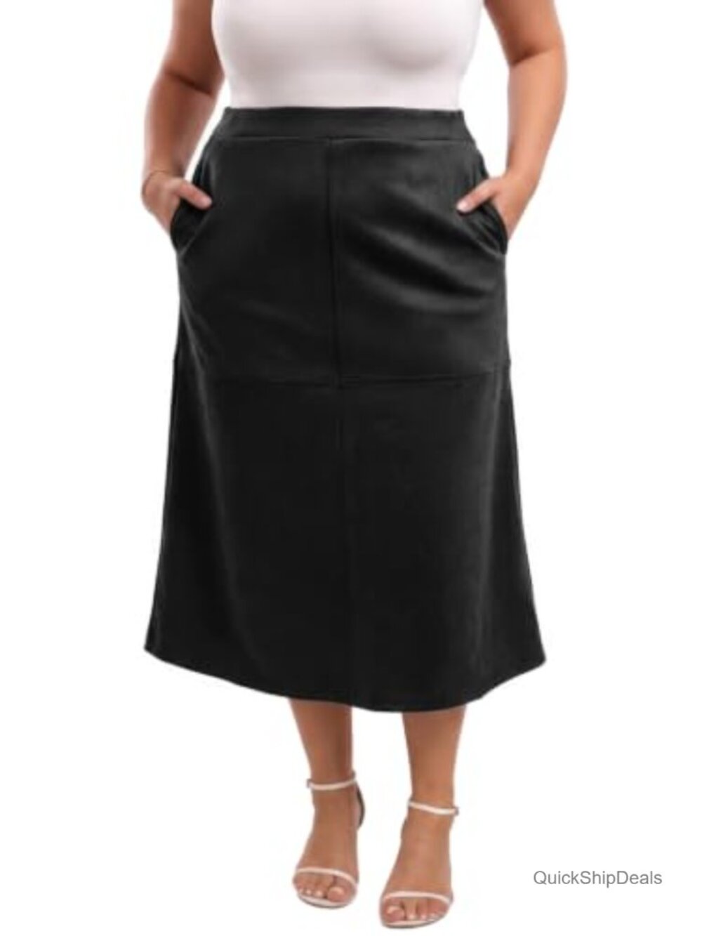 Faux Suede A-Line High Waist Midi Skirt with Pockets Plus Size